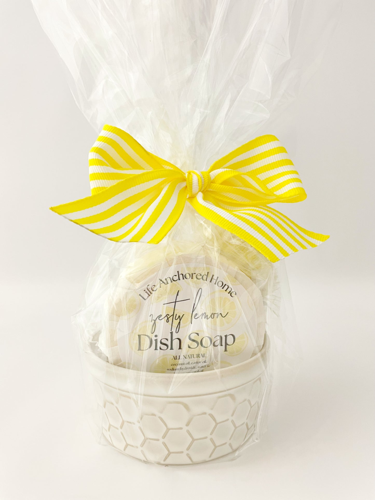 All-Natural Zesty Lemon Dish Soap Bar Set with Bristle Brush & Ceramic Soap Dish