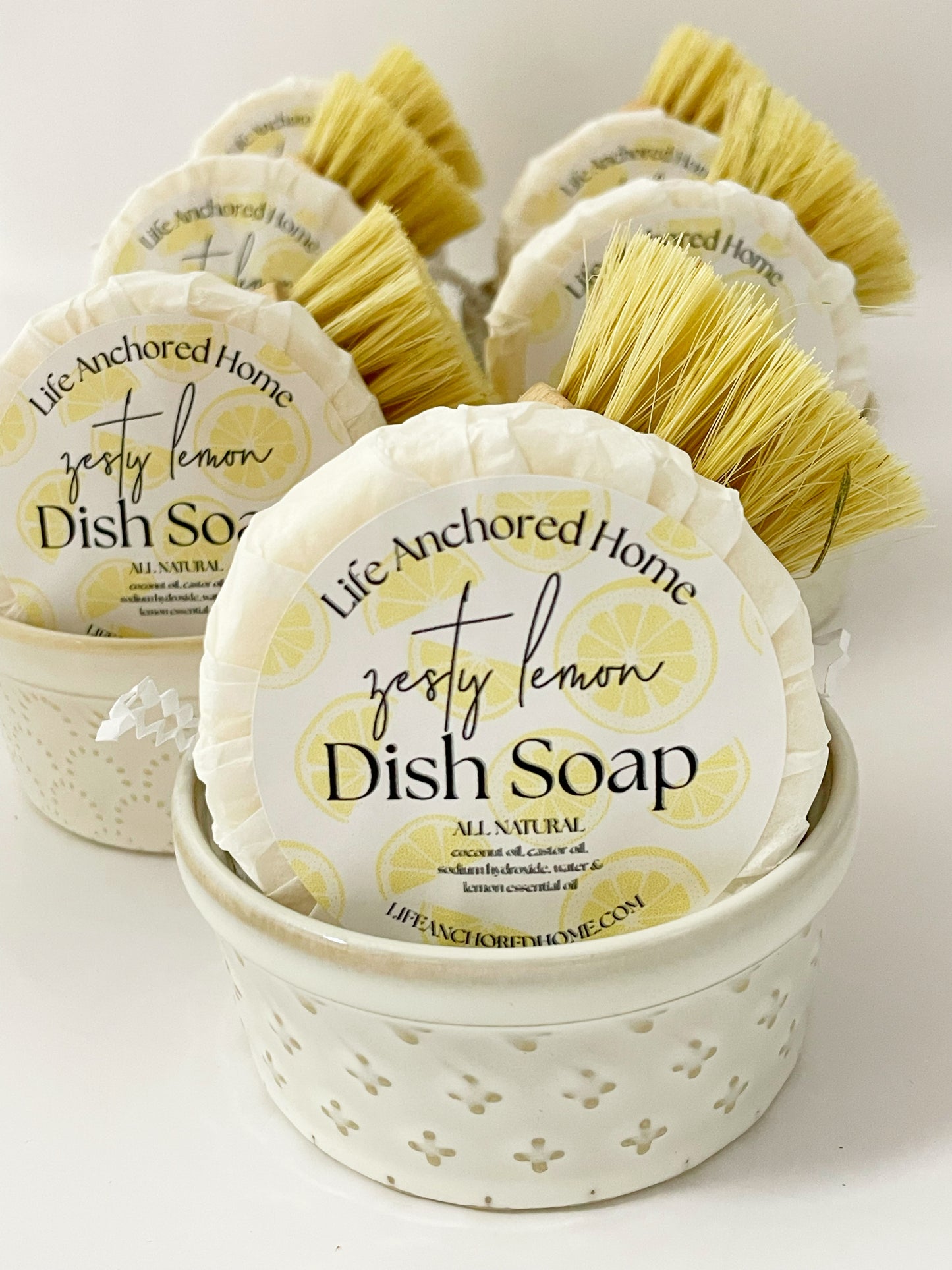 All-Natural Zesty Lemon Dish Soap Bar Set with Bristle Brush & Ceramic Soap Dish