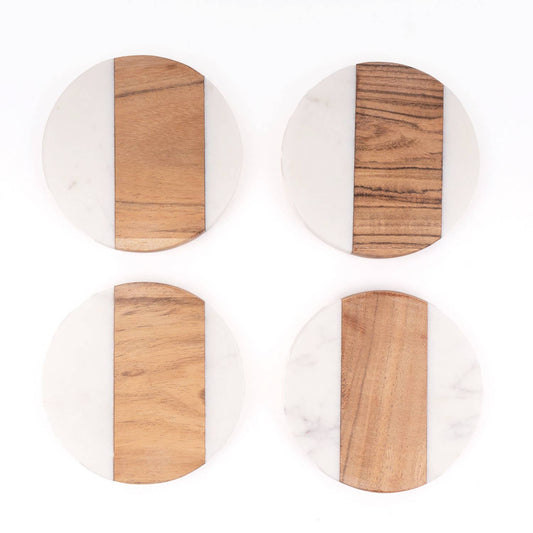 Marble & Wood Round Coaster Set