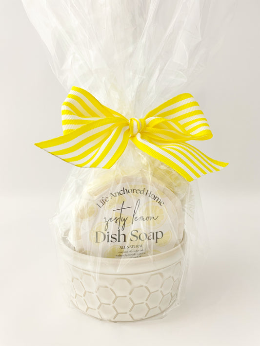 All-Natural Zesty Lemon Dish Soap Bar Set with Bristle Brush & Ceramic Soap Dish
