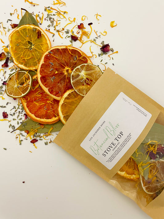 Botanical Bliss Stove Top Potpourri Simmer Pot w/ a mixture of Dried Grapefruit, oranges, limes, lavender, calendula, roses and bay leaves