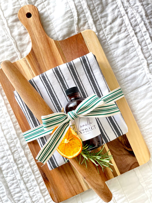 Baker’s Gift Set complete with wooden cutting board, dish towel, traditional rolling pin and 4oz handcrafted vanilla extract 1.5 fold