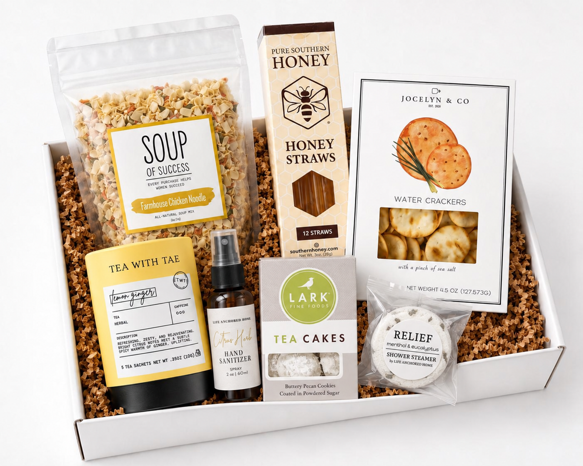 Get well soon care package with chicken noodle soup, lemon ginger tea, honey straws, crackers, tea cakes, hand sanitizer and a shower steamer