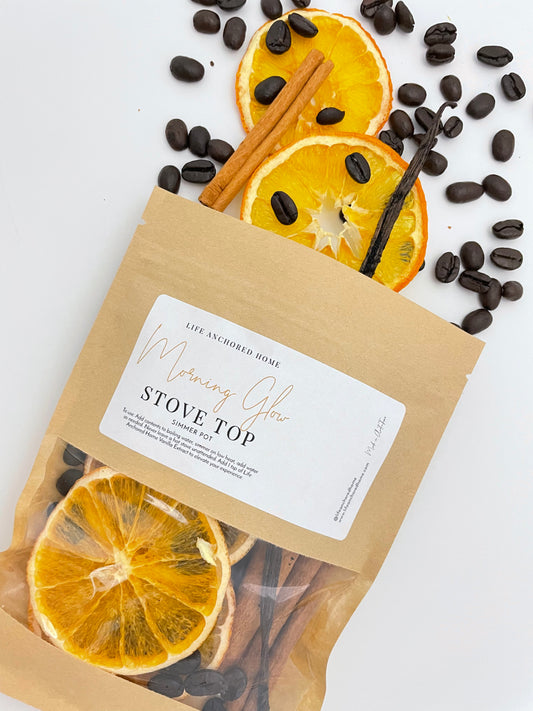 Morning Glow Stove Top Potpourri Simmer Pot w/ a mixture of Dried oranges, vanilla, cinnamon and roasted coffee beans