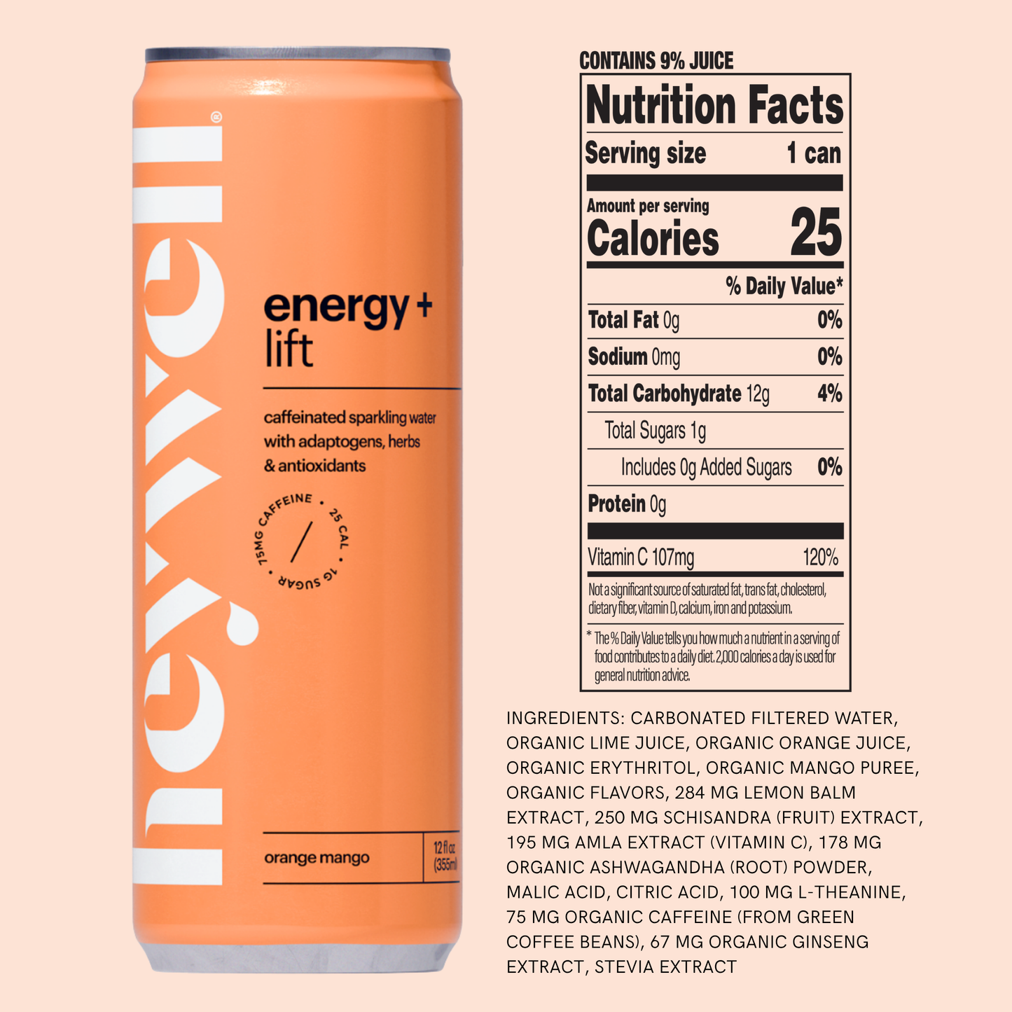 Heywell energy + lift sparkling orange mango - 12 pk cans