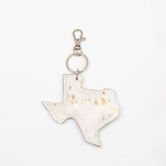 Texas Speckled Metallic Hide Keychain Clip  White/Gold   4x4