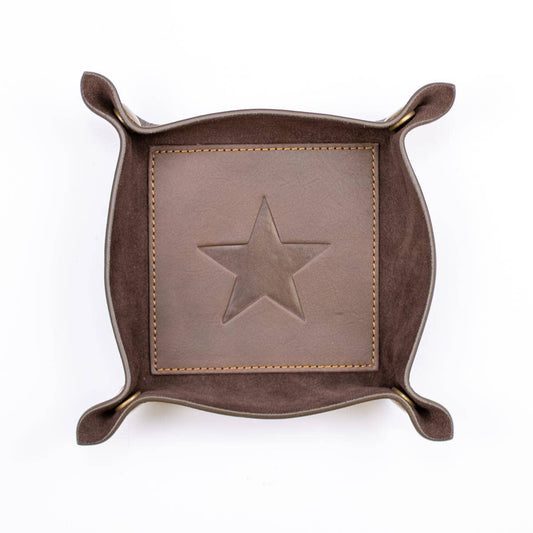 Star Leather Embossed Valet Tray   Dark Brown   8x8